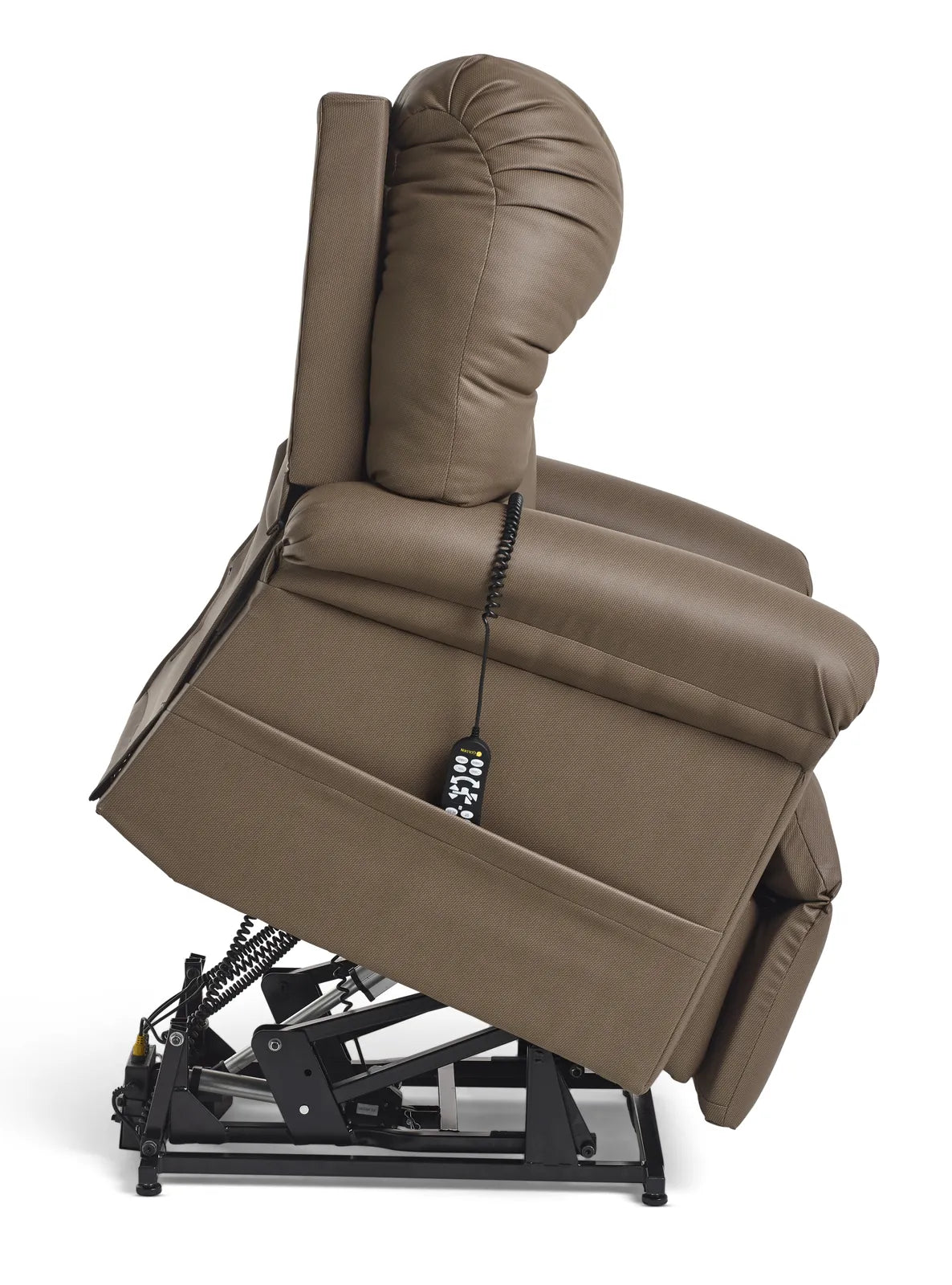 The chair from the side in its lift position, tipped forward off the floor so the whole steel lift frame, its motor and the levelling feet stand exposed underneath, with the hand control hanging on a coiled cord.