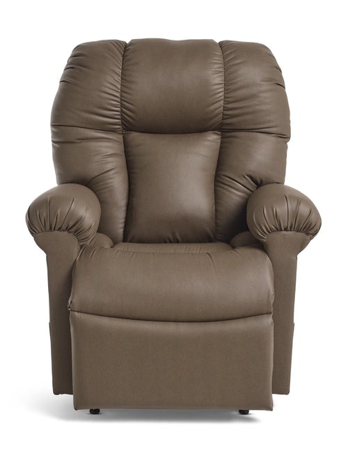 The chair straight on from the front, upright and closed, showing the channel-stitched back and headrest, the rolled arms and the plain seat cushion.