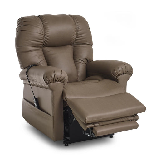 The chair at a three-quarter angle in a light recline, the footrest raised roughly level with the seat and the hand control resting against the near arm on its coiled cord.