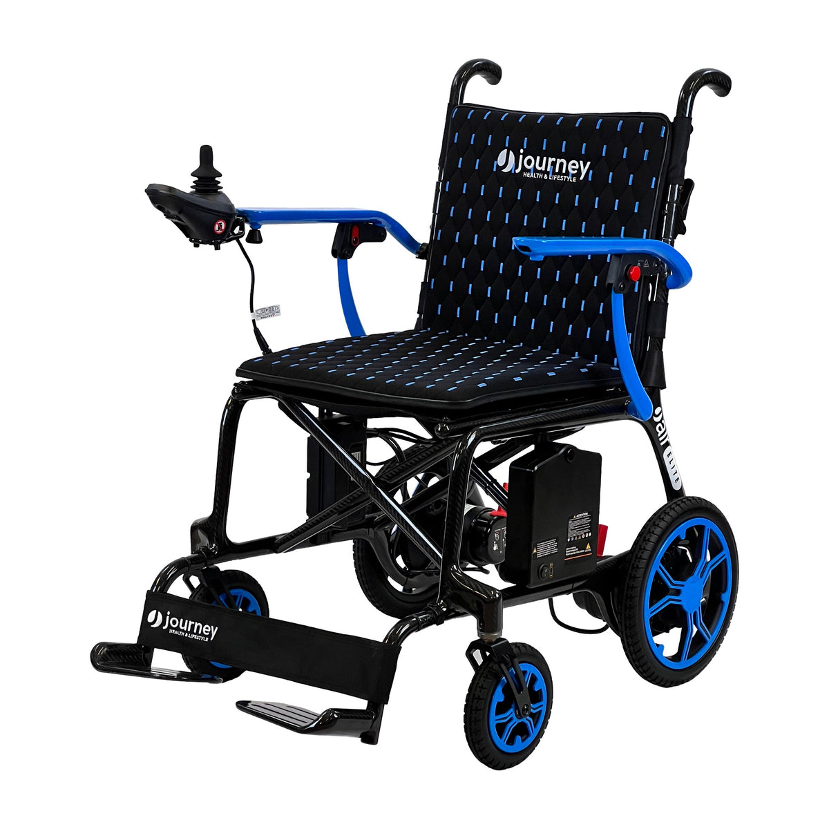 Journey Air Elite folding power chair in blue, three-quarter front view