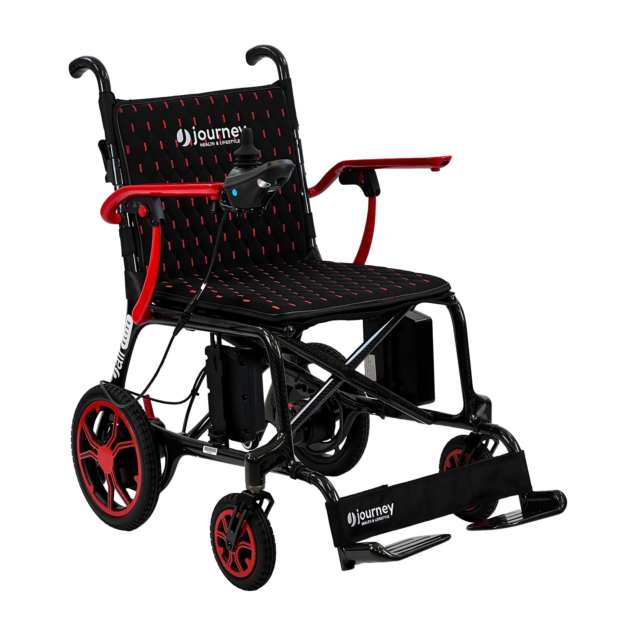 Journey Air Elite folding power chair in red, three-quarter front view