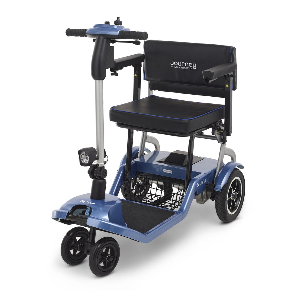 Journey So Lite folding mobility scooter in blue, three-quarter view from the left