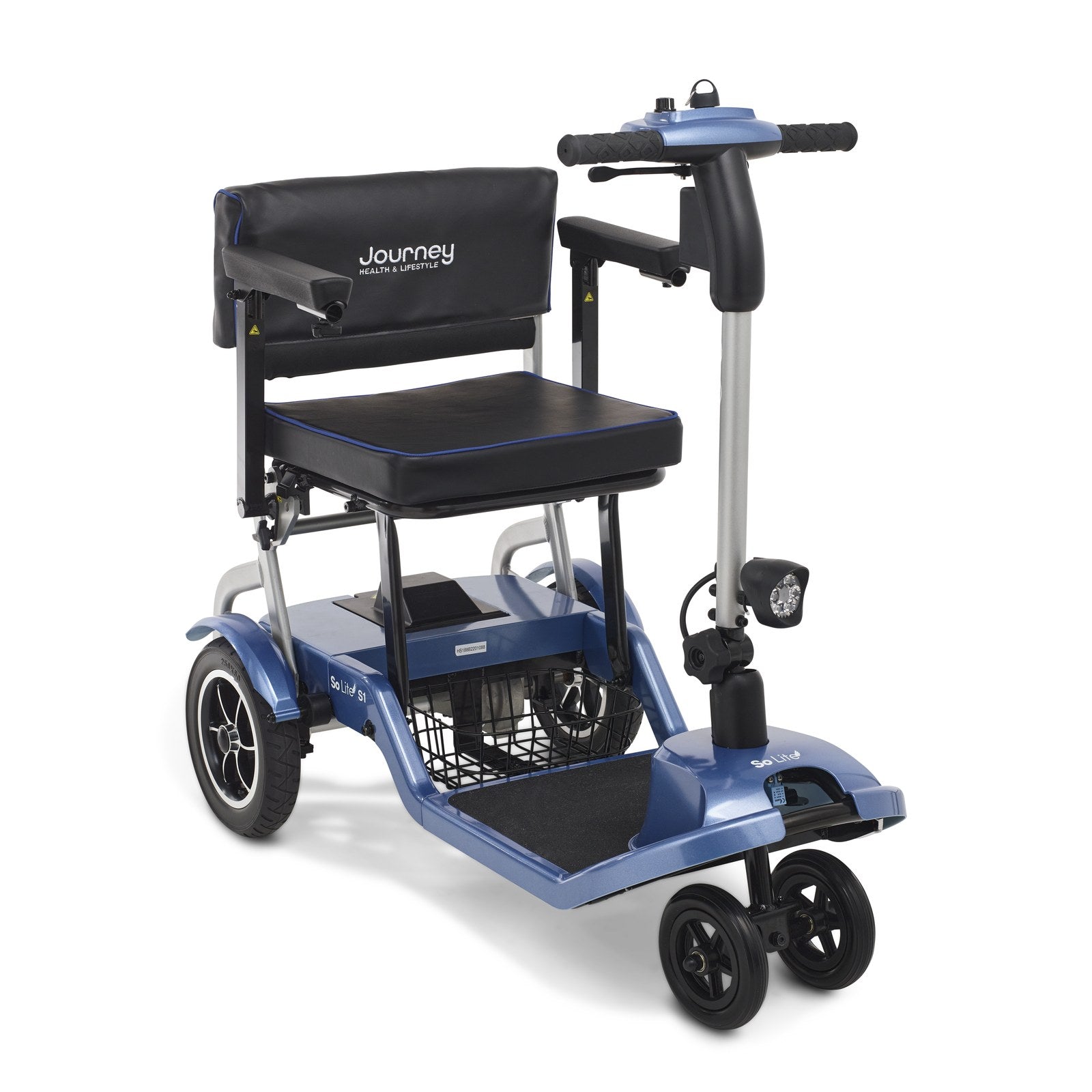 Journey So Lite folding mobility scooter in blue, three-quarter view from the right