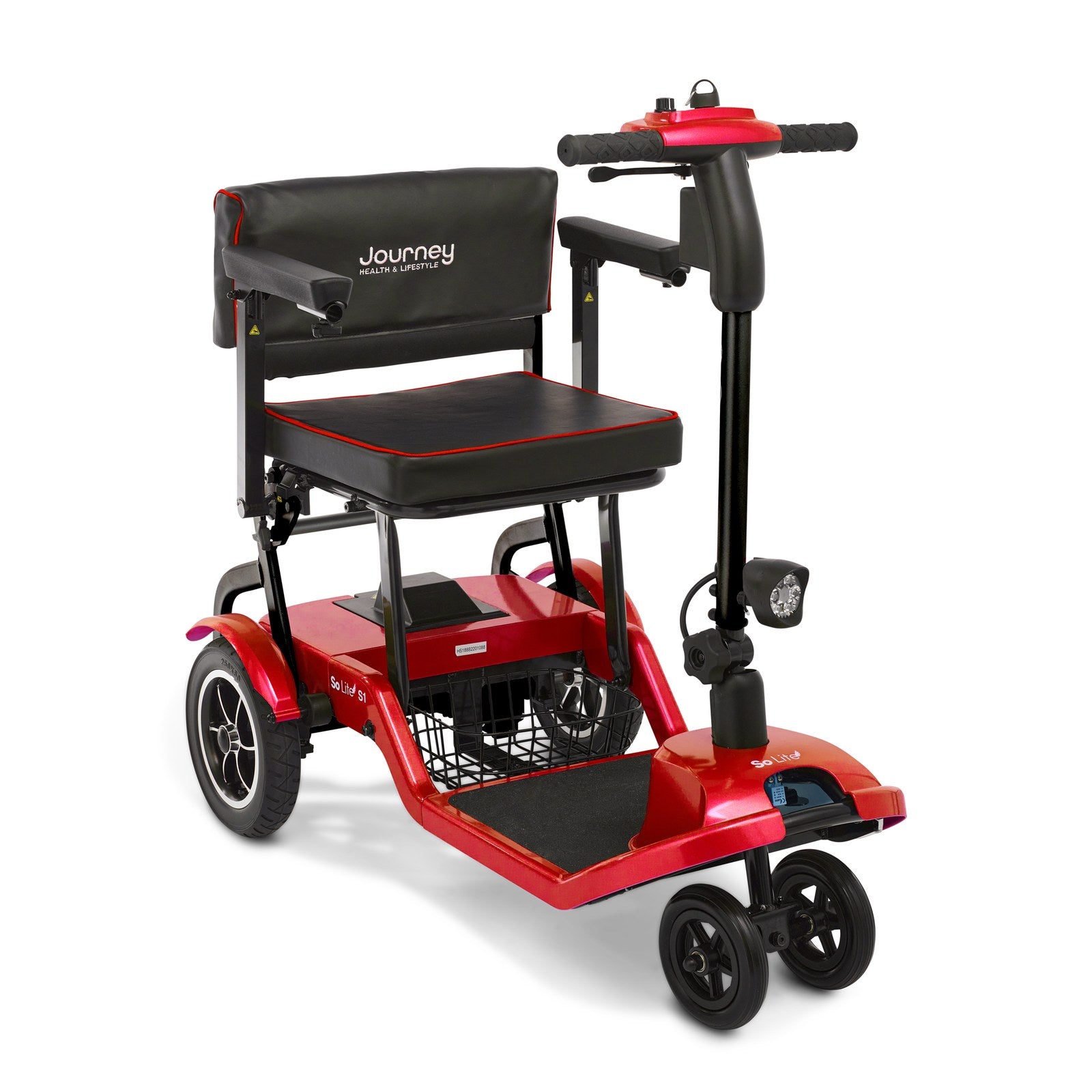 Journey So Lite folding mobility scooter in red, three-quarter view from the right