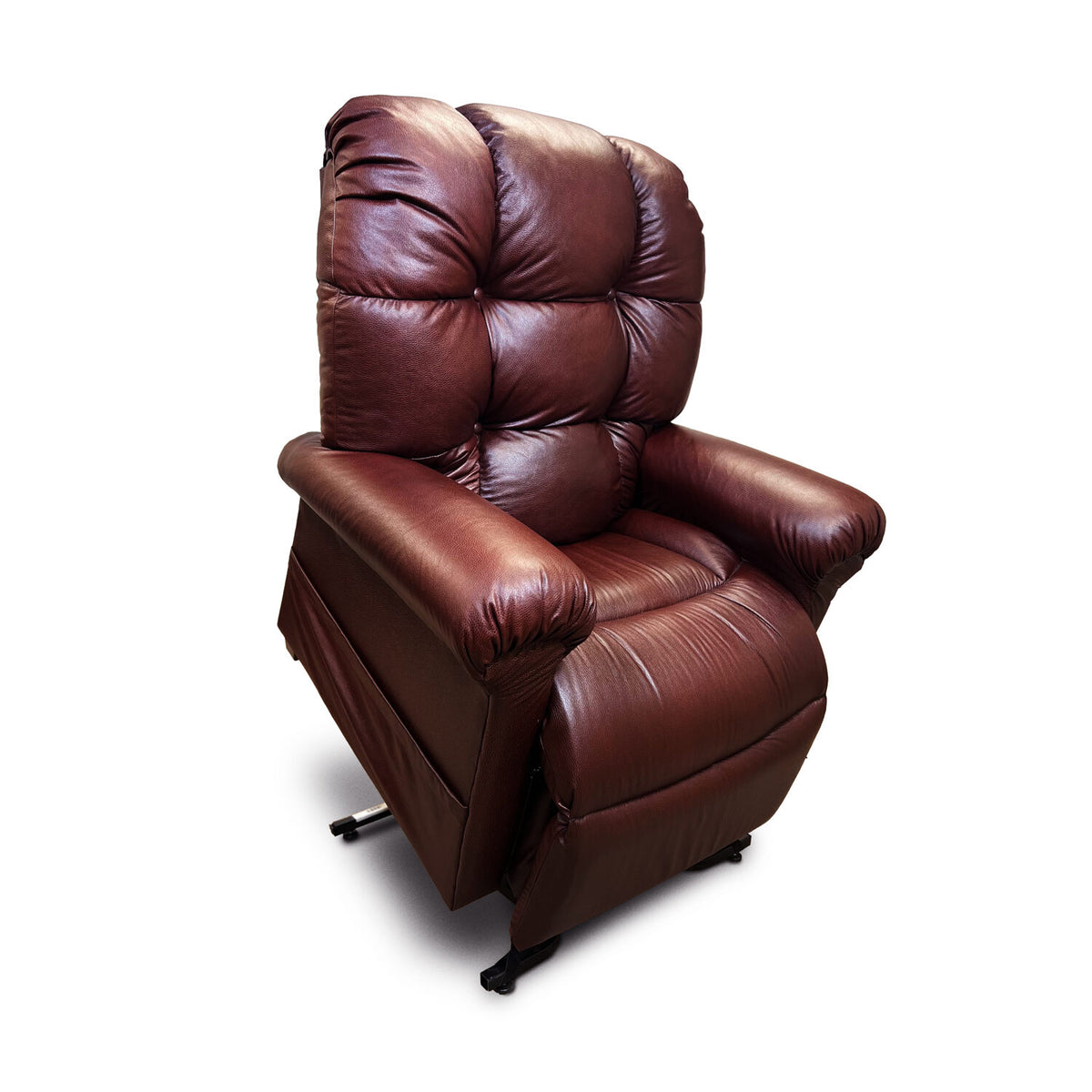Journey Perfect Sleep Chair 2-Zone power lift recliner in Genuine Leather Chestnut, shown in lift position